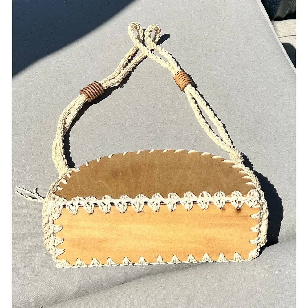 Vintage 60s Walborg Straw Rope Bag Shoulder‎ Bag Wooden Base Boho Cottagecore
